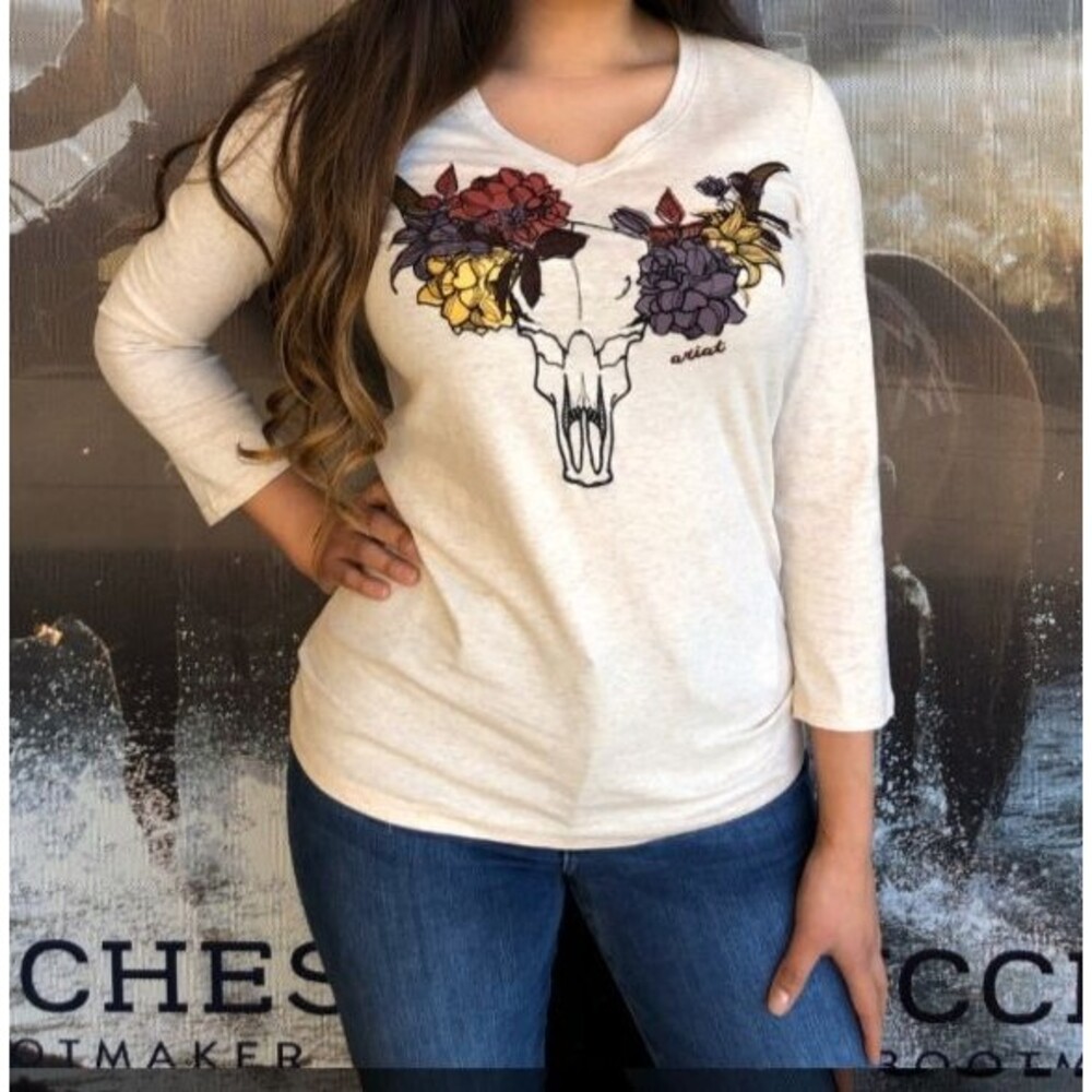 Ariat Womens M Elara Top Sandshell Heather Floral Cattle Skull Ranch Southwestrn - Picture 2 of 10